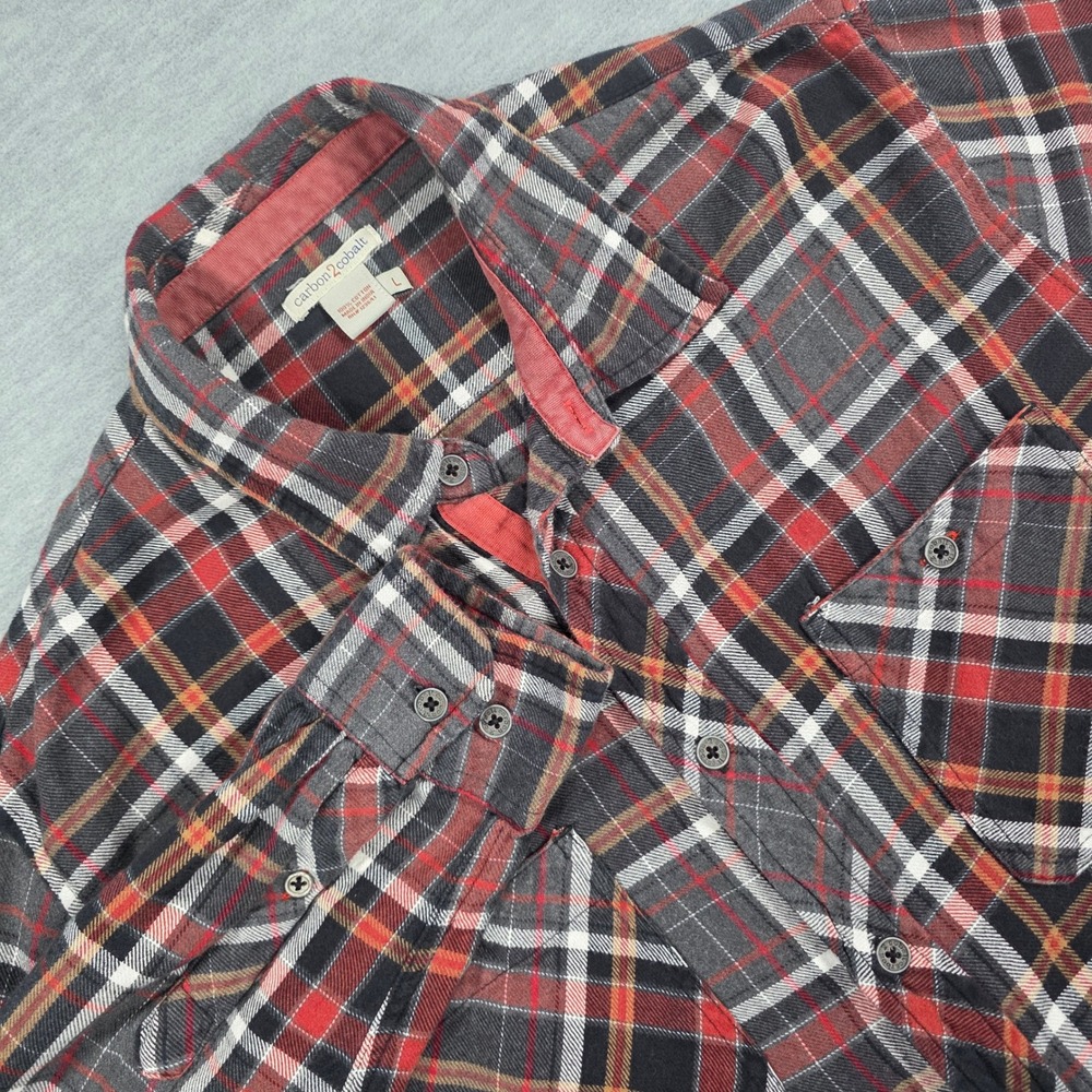 Carbon2Cobalt Mens Large Red Black Plaid Cotton Flannel Button Down Shirt L